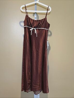 Brown Polka Dot Spaghetti Strap Midi Dress with White Trim